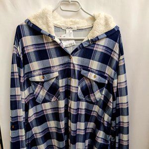 Blue and pink plaid shirt with hood